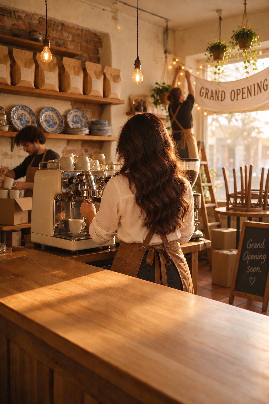 Inside the café before opening day: Dominique behind the counter with her back turned, making coffee, while staff hang a Grand Opening banner and unpack boxes