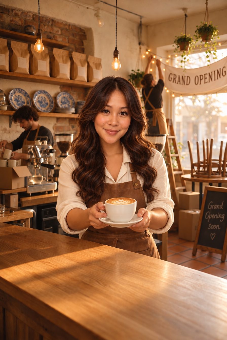 Dominique has turned around from the espresso machine and smiles at you, cup in hand, while the café gets ready for its grand opening