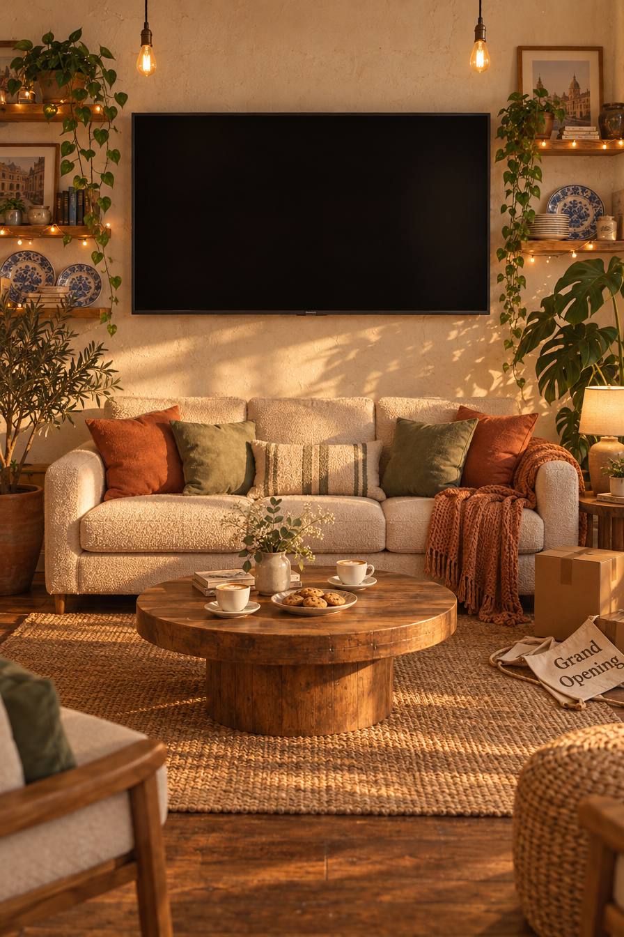 The café lounge corner: a cream sofa, coffee table, rug and plants under a big wall TV